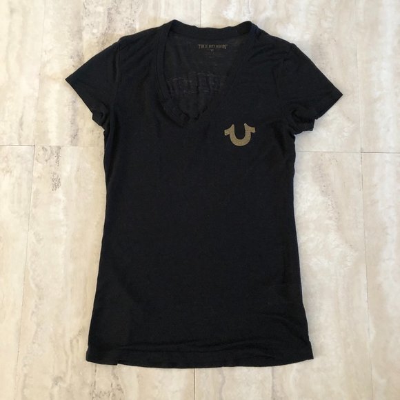 True Religion XS V Neck Black Burnout T Shirt Gold Glitter Logo Buddha - Picture 1 of 5